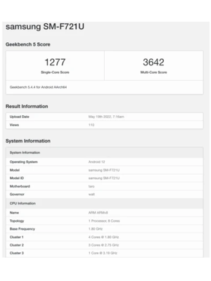 Bocoran hasil benchmark perangkat bernomor model Samsung SM-F721U yang diyakini sebagai Samsung Galaxy Z Flip4.