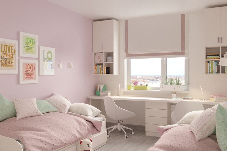 Ilustrasi kamar tidur dengan nuansa warna pink. 