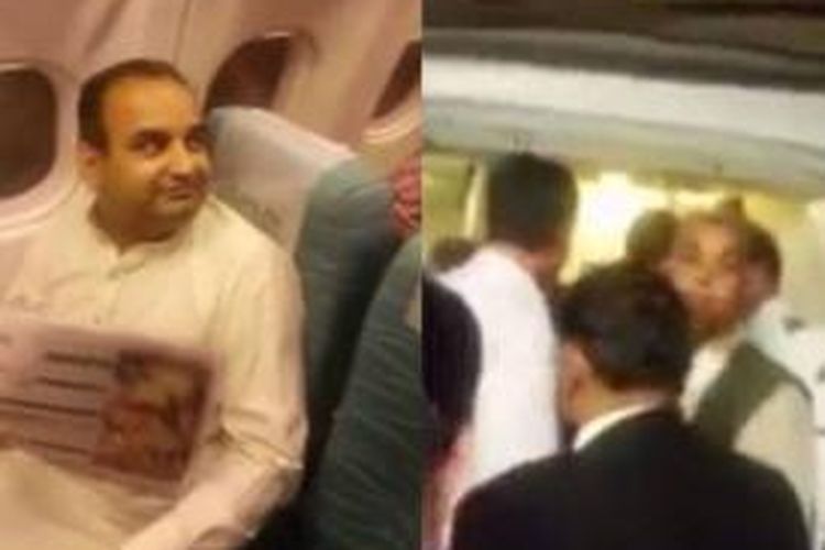 Dalam foto yang diambil dari situs YouTube ini, terlihat seorang politisi Pakistan Dr Ramesh Kumar Wakwani diusir penumpang dari tempat duduknya dalam penerbangan maskapai PIA rute Karachi-Islamabad. Kemarahan penumpang itu dipicu keterlambatan kedua politisi itu yang mengakibatkan penerbangan ditunda hingga dua jam.