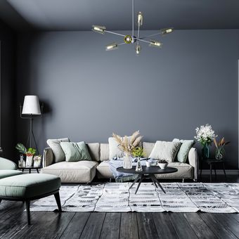Ilustrasi ruang tamu dengan warna dinding abu-abu, ruang tamu dengan dinding tinggi. 