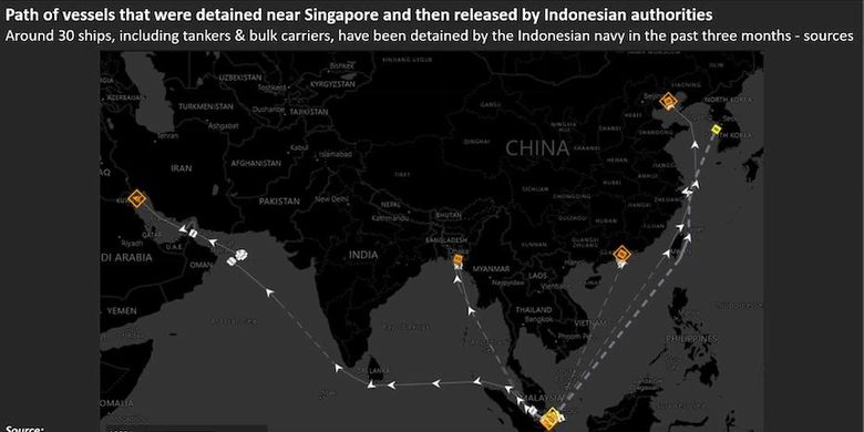 Jalur kapal yang ditahan di dekat Singapura kemudian dibebaskan oleh pihak berwenang Indonesia.