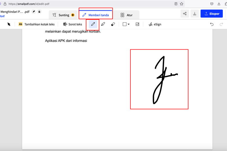 Ilustrasi cara tanda tangan digital di PDF via situs SmallPDF.
