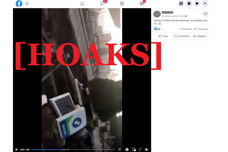 Tangkapan layar video hoaks di sebuah akun Facebook, yang diklaim sebagai detik-detik gempa yang terjadi di Banten pada 14 Januari 2022.