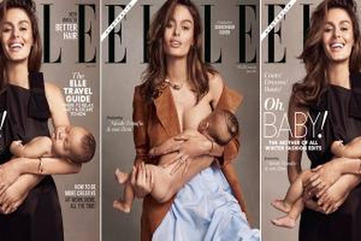 Ide segar dan inspiratif menampilkan seorang model wanita berpose sedang memberikan ASI pada bayi lelakinya. 