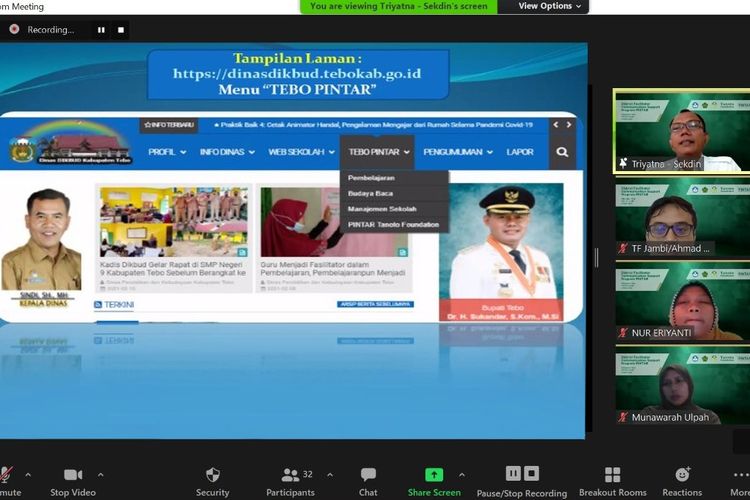 Kepala Dinas Pendidikan dan Kebudayaan Tebo, meluncurkan tim Tebo PINTAR yang terdiri dari divisi live streaming, media sosial dan website melalui tatap maya, beberapa waktu lalu.