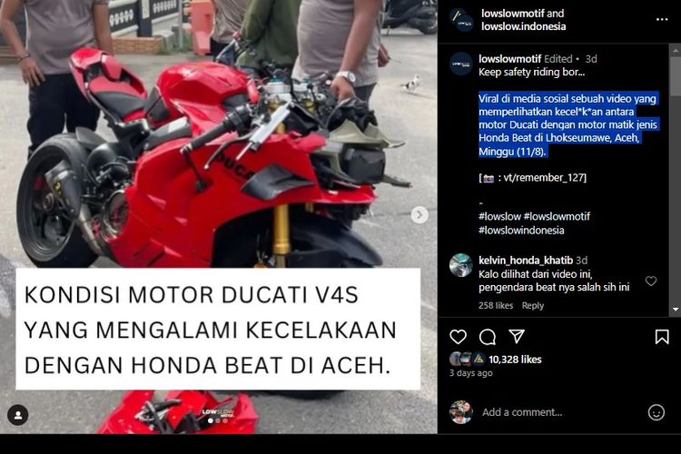 Ducati Panigale V4S mengalami kecelakaan karena tabrakan dengan Honda BeAT