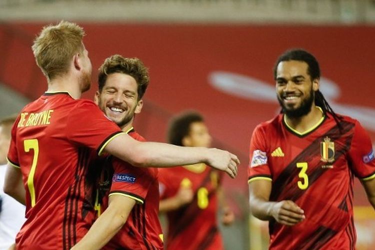 Skuad timnas Belgia saat merayakan gol ke gawang Islandia pada matchday kedua UEFA Nations League, 8 September 2020.