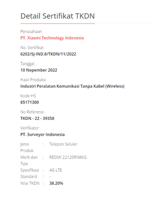 Ponsel misterius Xiaomi di laman TKDN yang diduga sebagai Redmi 11A.