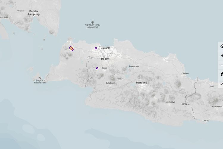 Tangkapan layar dari citra satelit Tanager-1 yang menunjukkan tiga titik pelepasan emisi metana di Pulau Jawa.