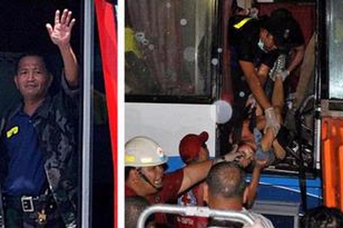 Petugas memindahkan penumpang yang masih hidup maupun yang telah tewas usai drama pembajakan bersenjata bus Hong Thai Travel di Manila, Filipina, Senin (23/8/2010) malam. Rolando Mendoza (kiri), sang pelaku pembajakan melambaikan tangan.