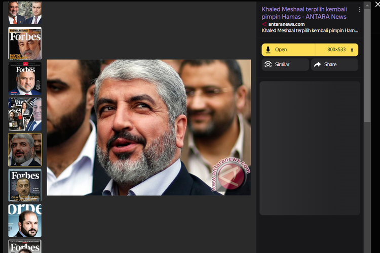 Tangkapan layar pencarian gambar di Yandex, mengarahkan ke foto Khaled Meshaal di Antaranews yang diambil dari Reuters.
