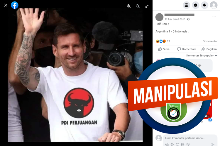 Tangkapan layar konten manipulasi di sebuah akun Facebook, 19 Juni 2023, menampilkan foto Messi memakai kaus PDI-P.