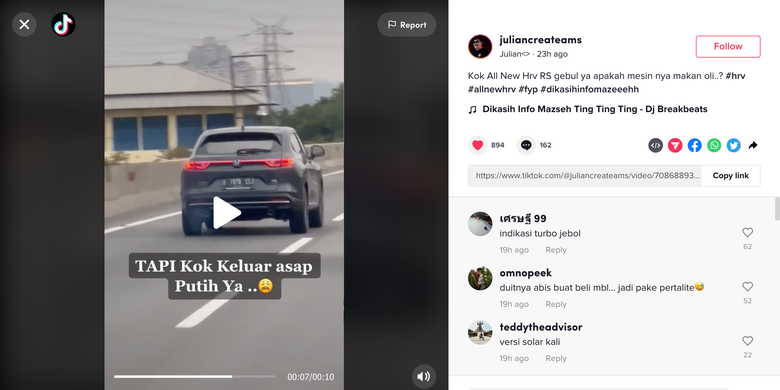 Video All New Honda HR-V mengeluarkan asap putih dari knalpot saat melaju di jalan tol