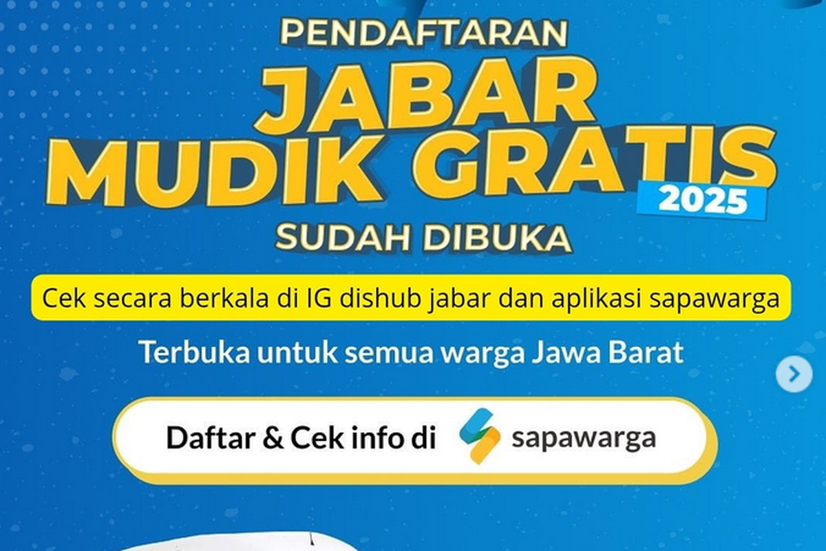 Mudik gratis Dishub Jabar 2025 dibuka hari ini, Sabtu 8 Maret 2025. Cara daftar mudik gratis Pemprov Jabar 2025 bisa via aplikasi Sapawarga.