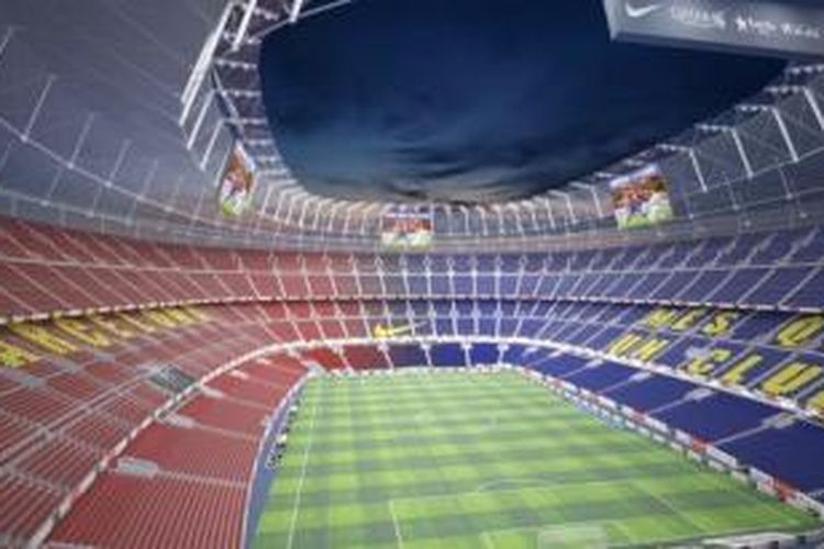 Tampilan lapangan Stadion Camp Nou yang baru. Seluruh tribun penonton akan tertutup atap.