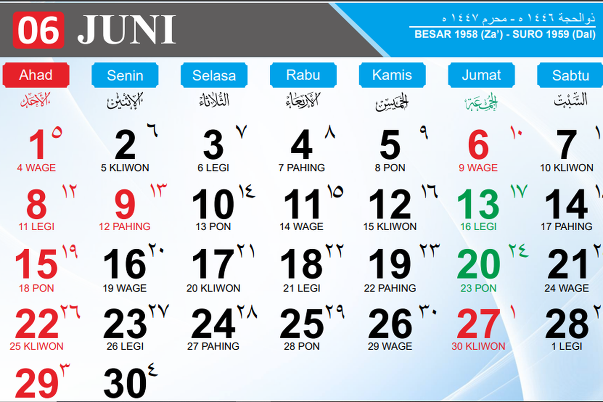 Kalender Juni 2025. Tanggal merah Juni 2025 apa saja? cek jadwal libur dan long weekend 
