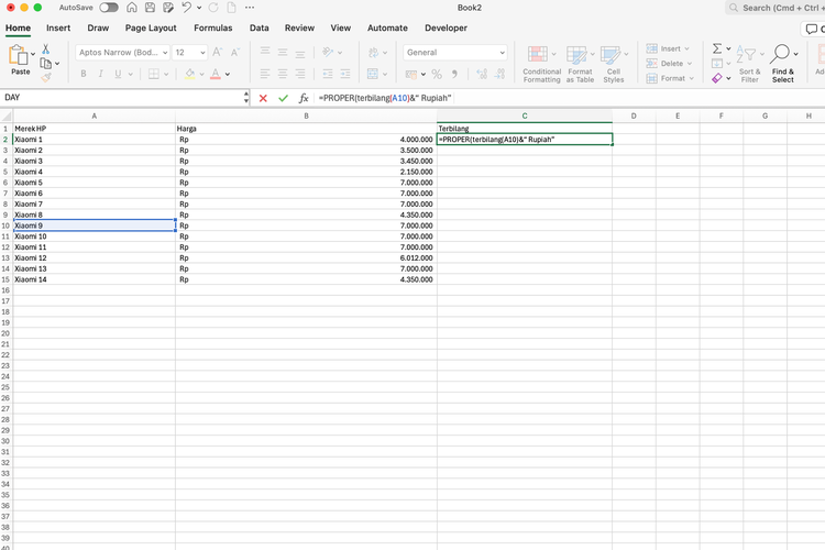 Ilustrasi cara ubah angka menjadi huruf terbilang di Excel