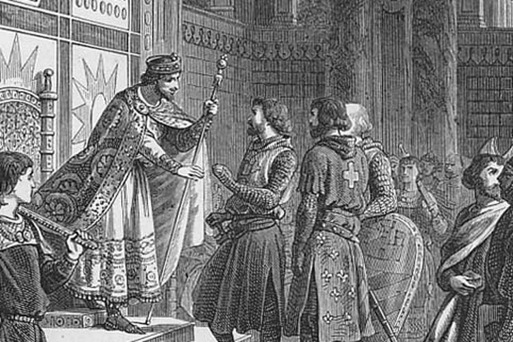 Ilustrasi Godfrey bersama saudara laki-lakinya, Eustace dan Baldwin bertemu dengan Kaisar Alexius