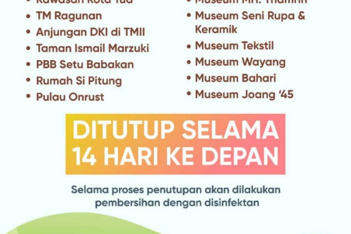 Daftar tempat wisata di Jakarta yang ditutup selama dua pekan ke depan untuk cegah penyebaran virus corona