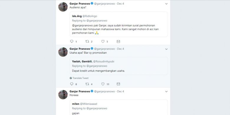 Aktivitas Gubernur Jawa Tengah Ganjar Pranowo dalam menjawab pertanyaan warga di media sosial Twitter. 