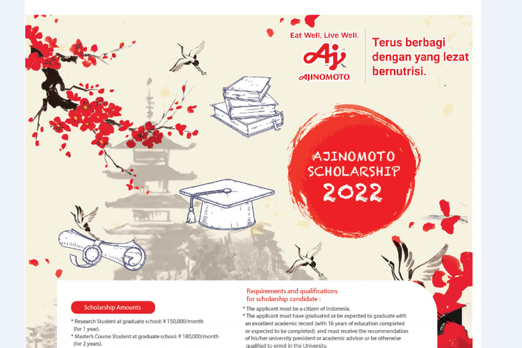 Ajinomoto membuka program beasiswa S2 kepada mahasiswa Indonesia yang ingin lanjut kuliah di Jepang