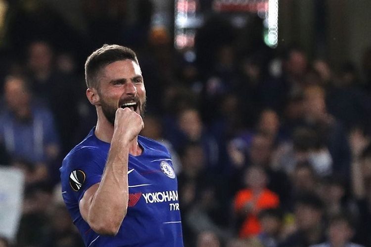 Striker Chelsea, Olivier Giroud, merayakan gol saat pertandingan leg kedua perempat final Liga Europa antara Chelsea vs Slavia Praha di Stadion Stamford Bridge pada 18 April 2019.