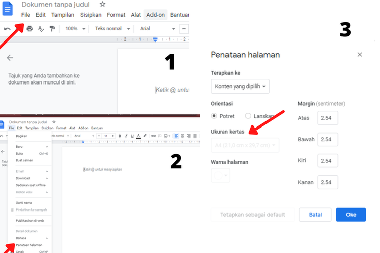 Ilustrasi cara ubah ukuran kertas di Gdocs