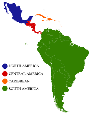 Peta wilayah Amerika Latin yang mencakup seluruh negara Amerika Selatan, Amerika Tengah dan Kepulauan Karibia, serta Meksiko.