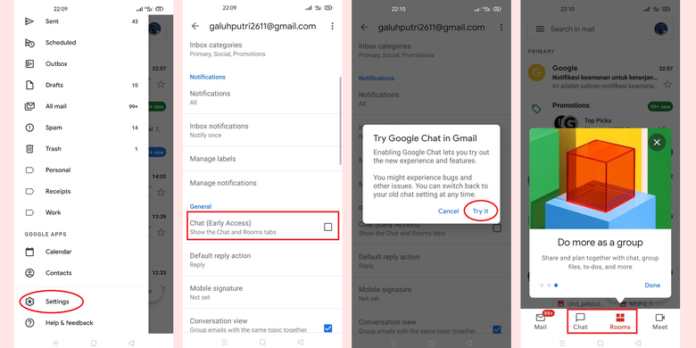 Langkah-langkah mengaktifkan tab Chat dan Rooms pada aplikasi Gmail di Android.