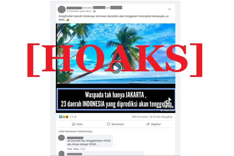 Tangkapan layar misinformasi di Facebook yang menyebut 23 daerah di Indonesia yang diprediksi akan tenggelam.