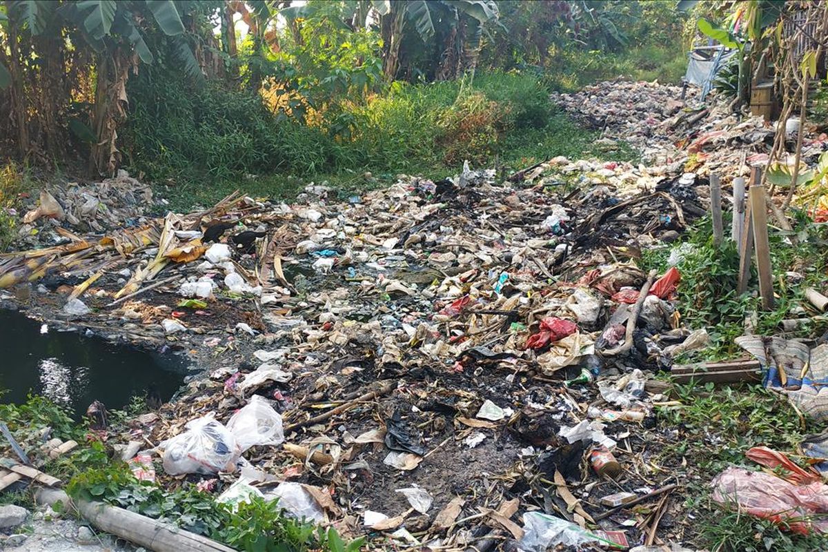 Tutupan sampah memenuhi aliran Kali Busa atau Kali Bahagia, Kecamatan Babelan, Kabupaten Bekasi. Foto diambil Senin (29/7/2019).