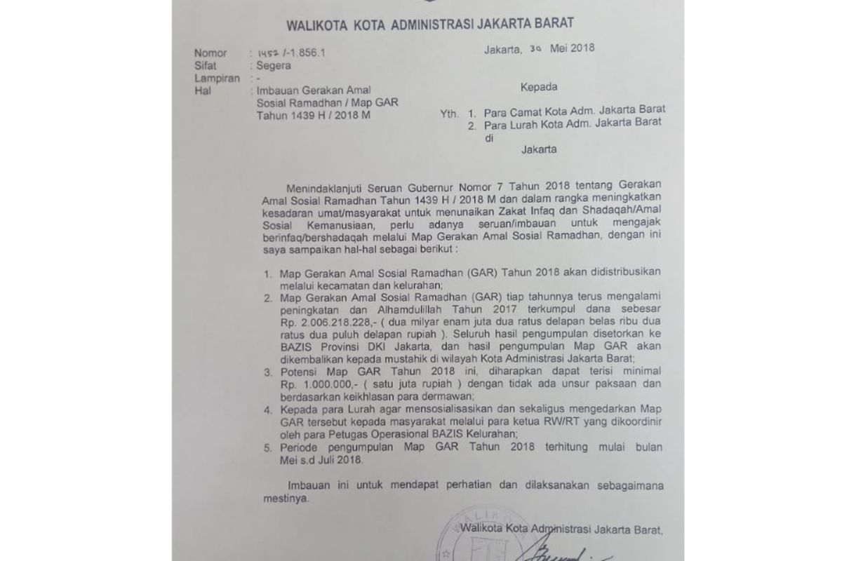 Surat imbauan Wali Kota Jakarta Barat Anas Effendi yang dijadikan dasar oleh Kelurahan Joglo untuk menentukan besaran dana zakat terkumpul minimal Rp 1 juta per RT, Minggu (3/6/2018).