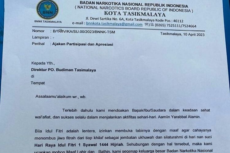 Surat BNN Kota Tasikmalaya minta THR ke PO Budiman Tasikmalaya
