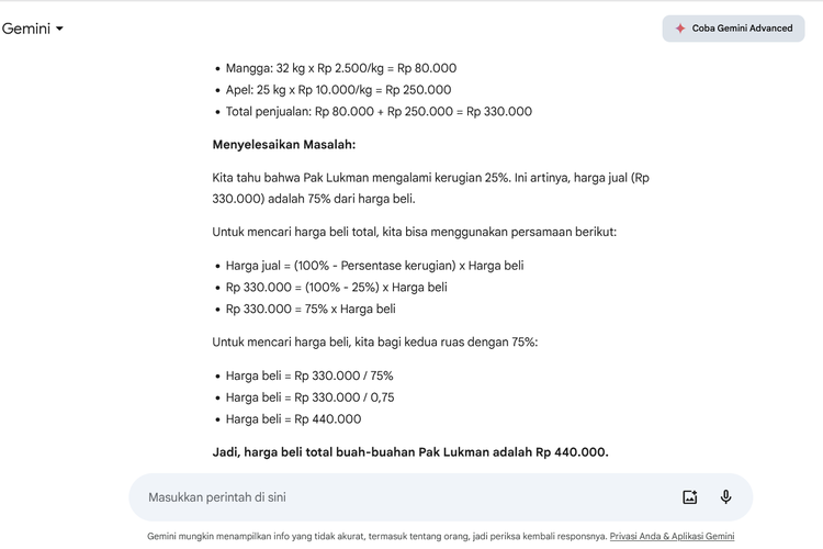 Ilustrasi cara mengerjakan soal matematika dengan Gemini AI.