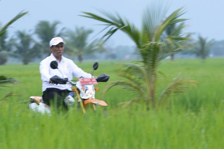 Dengan menaiki sepede motor, Menteri Pertanian Andi Amran Sulaiman meninjau lahan sawah pasang surut di Desa Telang Rejo, Kecamatan Muara Telang, Kabupaten Banyuasin, Sumatera Selatan, Kamis (6/12/2018)
