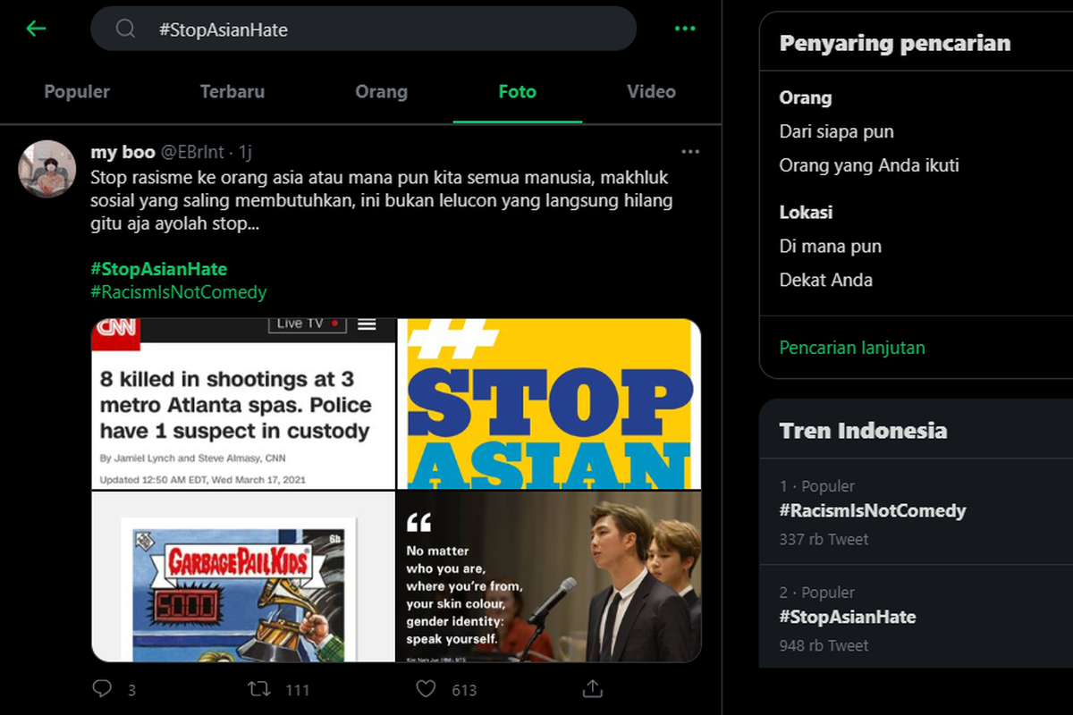 Tangkapan layar trending Stop Asian Hate, Rabu (17/3/2021)