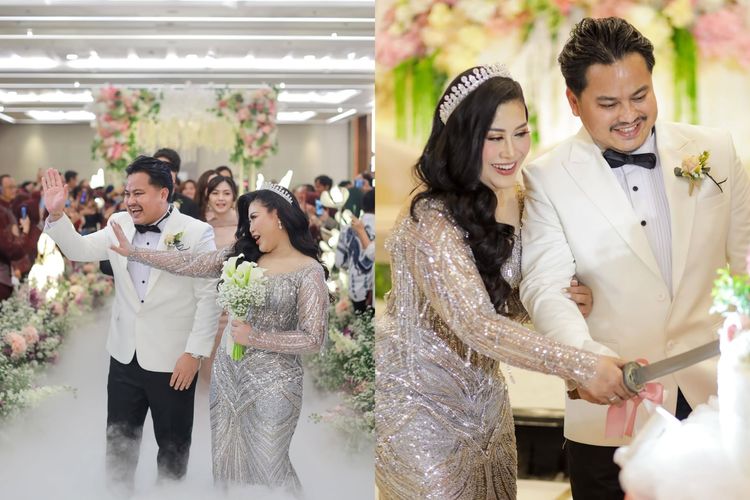 Komedian Boiyen dan suaminya, Rully Anggi Akbar, dalam acara pernikahannya pada November 2025.