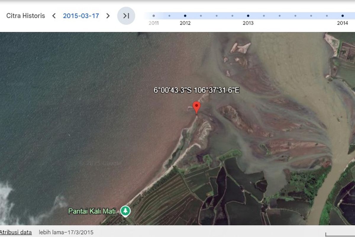 Tampilan lokasi salah satu bidang HGB di area pagar laut Tangerang, tepatnya Desa Kohod, Kecamatan Pakuhaji, pada tahun 2015 berdasarkan citra satelit Google Earth.