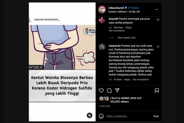 Postingan Ridwan Kamil di Instagram seputar kentut perempuan biasanya berbau lebih busuk daripada pria.