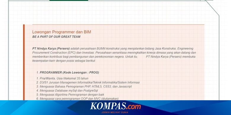 Bumn Nindya Karya Buka Lowongan Untuk Lulusan Smk Hingga S 1 Ini Rinciannya Halaman All Kompas Com