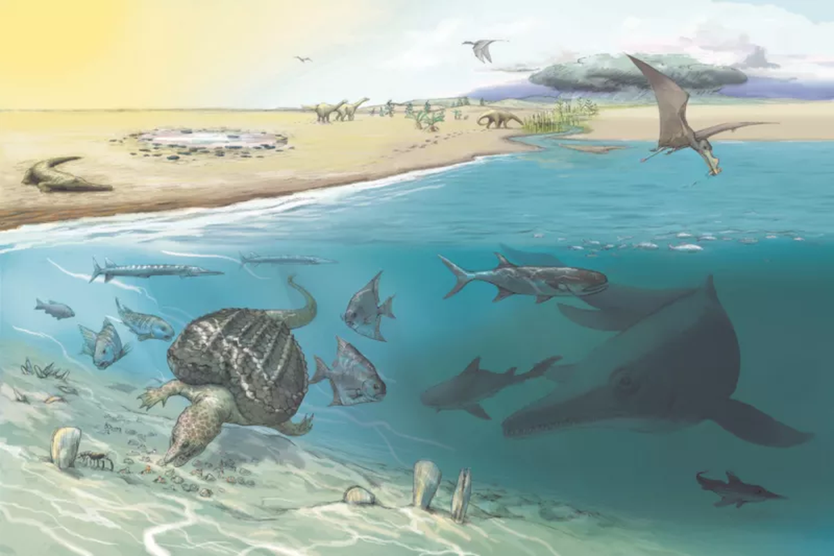 Ilustrasi  ichthyosaurus  sedang berburu di lautan 
