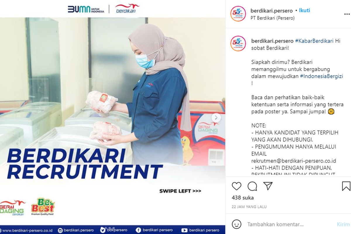 BUMN PT Berdikari (Persero) sedang membuka lowongan kerja untuk lulusan minimal Diploma (D3) hingga Sarjana (S1) dari berbagai jurusan.