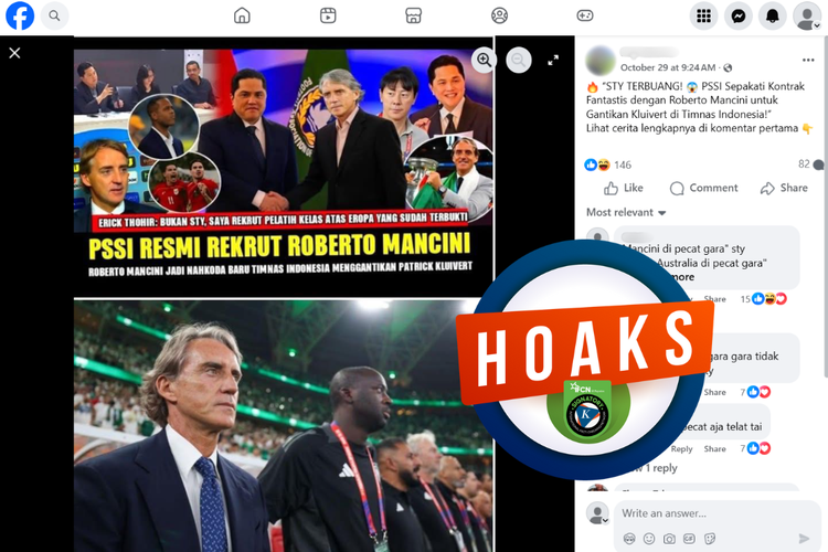 Tangkapan layar konten hoaks di sebuah akun Facebook, yang mengeklaim Roberto Mancini resmi menjadi pelatih Timnas Indonesia pada Oktober 2025.