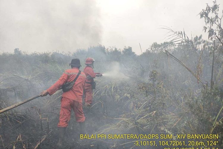 Proses pemadaman karhutla di Kecamatan Pemulutan, Kabupaten Ogan Ilir, Sumatera Selatan, Senin (9/10/2023).