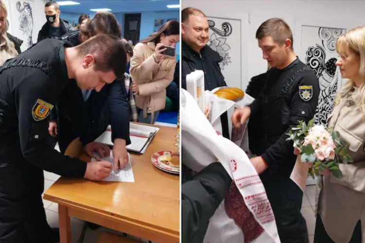 Pasangan Ukraina menikah di lokasi perlindungan bom
