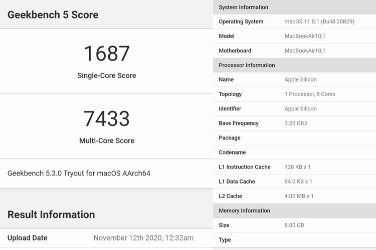 Skor benchmark Macbook Air yang dibekali Apple M1 di situs Geekbench.