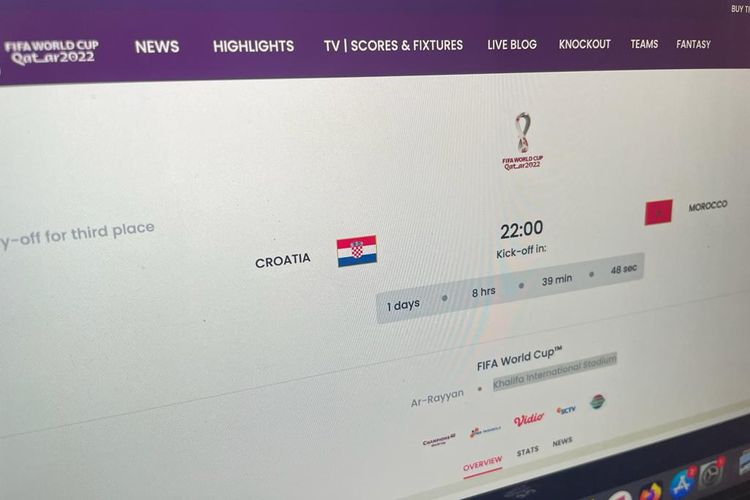 Tampilan jadwal perebutan juara 3 Piala Dunia 2022 yang tertera di website fifa.com.