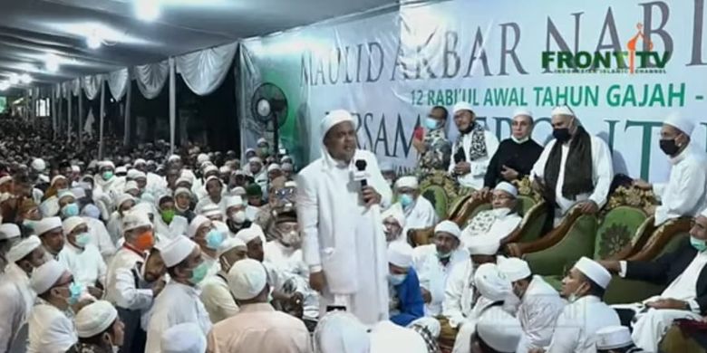 Leader of the Islamic Defenders Front (FPI) Rizieq Shihab delivers a lecture on the occasion of the birth of the Prophet Muhammad on Saturday, November 14, 2020. 