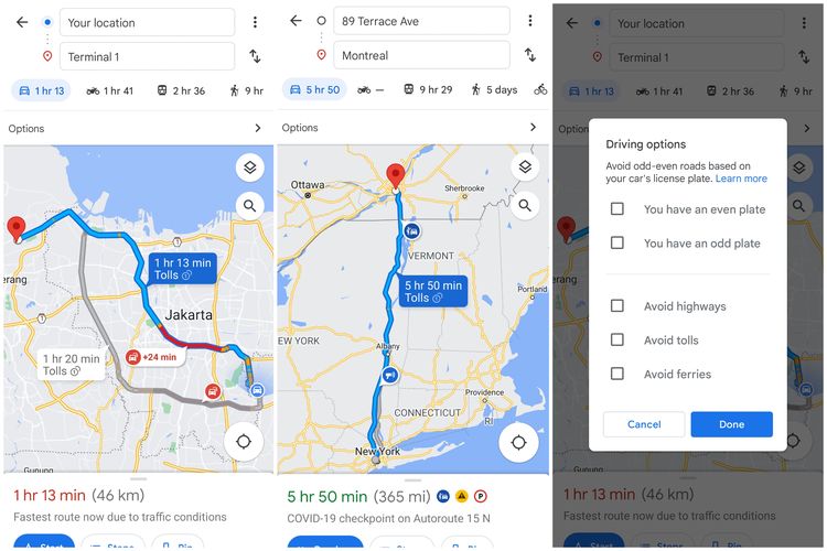 Ilustrasi fitur Toll Price di Google Maps yang belum tersedia di Indonesia per Rabu (6/4/2022).