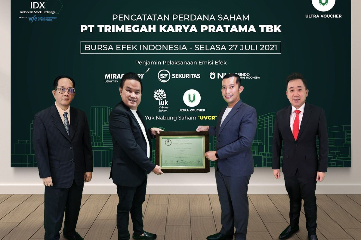 Proses pencatatan saham perdana atau dikenal dengan istilah IPO oleh PT Trimegah Karya Pratama Tbk di Bursa Efek Indonesia (BEI) secara virtual, Selasa (27/7/2021).